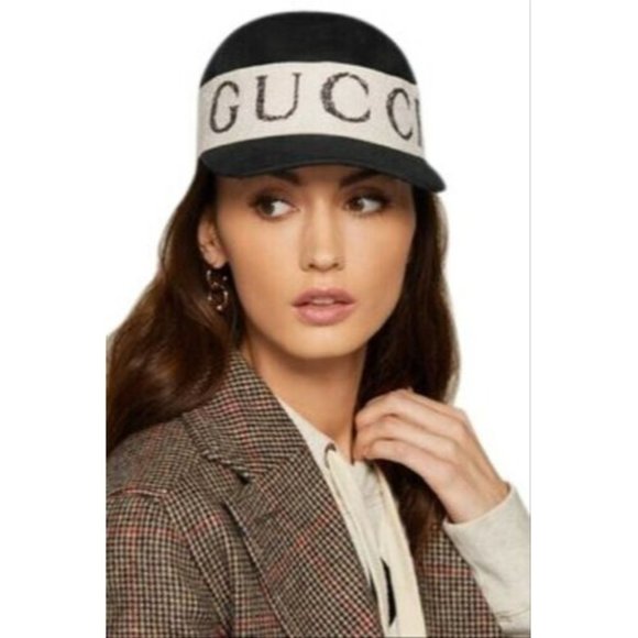 Gucci LOGO Black Canvas White Womens Cabardine Baseball Hat Cap S *Authentic - Picture 1 of 8